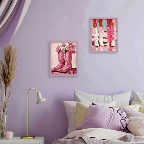 WEBEEDY Pre Drawn Canvas for Painting Retro Canvas Painting Set with Pink Cowgirl Boots Pattern,Outline Painting Boards for Beginners Funky Room Wall Art Decor, 8 x 10 Inch/20 x 25cm