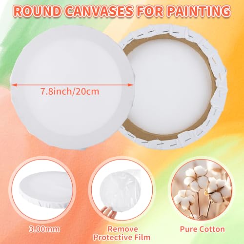 JMIATRY 10PCS Round Canvases for Painting 8 Inch, Circle Canvas Boards | 16mm Thick, Blank Circle Canvas Panels, Pre-Stretched, Cotton, White Canvas Board for Oil, Acrylic, Gouache, Crafts