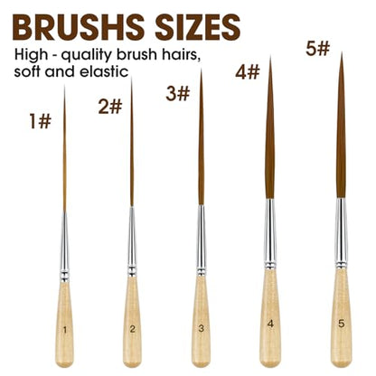 5Pcs Long Liner Brushes - Ox Ear Hair Detail Paint Brushes Extra Long Fine Point | Pinstriping, Scroll Outlining for Watercolor, Acrylic, Oil & Pro Artists