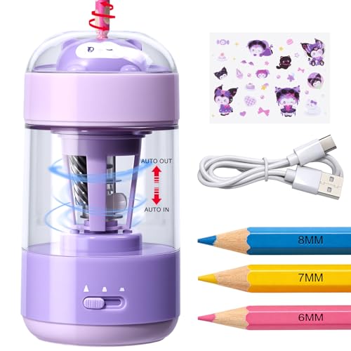 Rechargeable Automatic Electric Pencil Sharpener for Kids, Auto in & Out 3 Adjustable Thickness, Type-C Charging, Cute DIY Stickers, for 6-8mm Pencils, 3s Fast Sharpening, for School & Home (Purple) - color: Purple