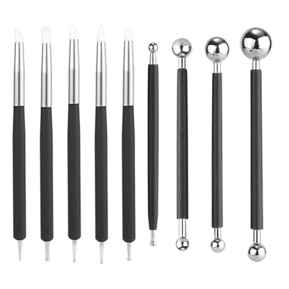 9pcs Silicone Clay Sculpting Tools, Double-Ended Dotting Tools Polymer Clay Pottery & Ceramic Metal Ball Stylus Kit for Embossing Shaping Painting Nail Art DIY Crafts