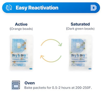 Dry & Dry 2 Gram [60 Packets] Orange Indicating Silica Gel Packets Desiccants Silica Packets - Rechargeable Moisture Absorbers for Food Storage, Electronics, 3D Filament & Safes - size: 2 Gram