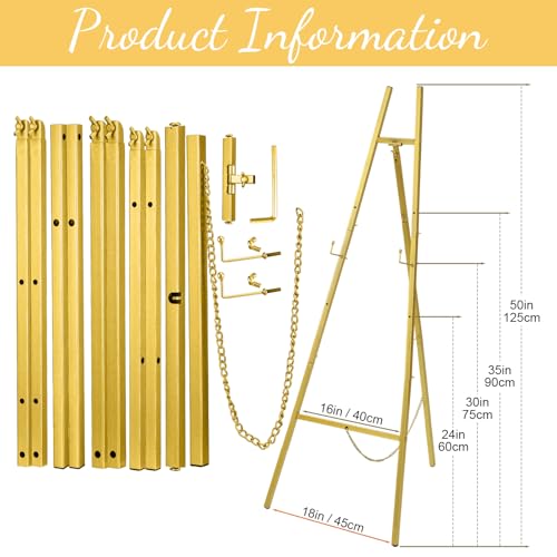 CroBlissful Gold 50" Easel Stand for Wedding Sign Adjustable 3Tier Height Display Easel with Chain Heavy Duty Floor Tripod for Welcome Wedding Sign Painting Canvas Baby Shower Party Poster (Metal) - color: Gold