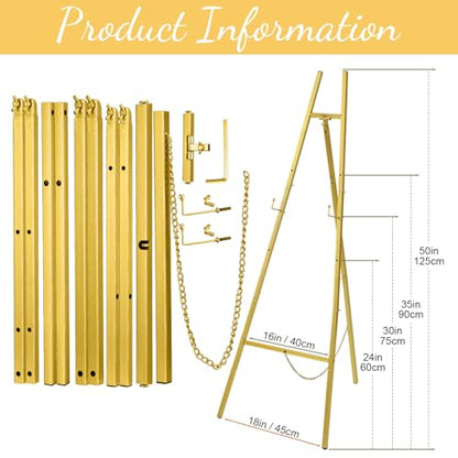 CroBlissful Gold 50" Easel Stand for Wedding Sign Adjustable 3Tier Height Display Easel with Chain Heavy Duty Floor Tripod for Welcome Wedding Sign Painting Canvas Baby Shower Party Poster (Metal) - color: Gold