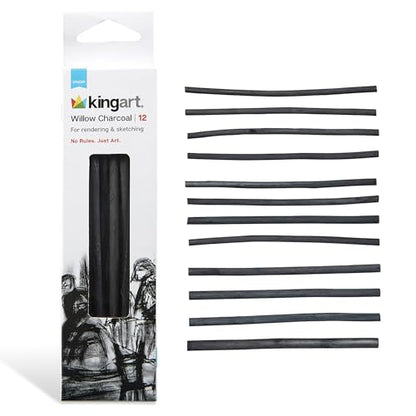 KINGART 12-Piece Willow Charcoal Sticks, Soft, Black Artist Vine Charcoal for Artists, Beginners, Students, Great for Sketching, Rendering, Drawing, Shading and Fine Art