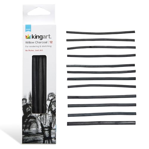 KINGART 12-Piece Willow Charcoal Sticks, Soft, Black Artist Vine Charcoal for Artists, Beginners, Students, Great for Sketching, Rendering, Drawing, Shading and Fine Art