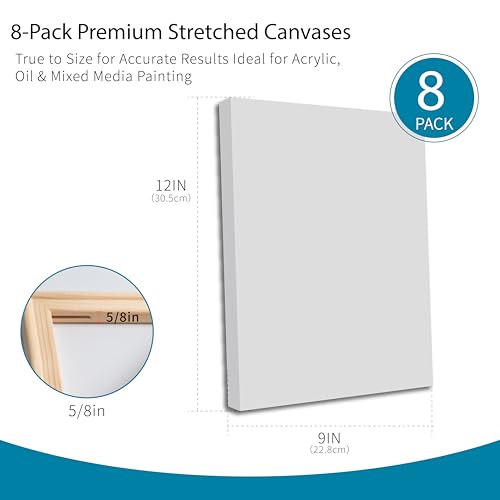 Bianyo 9x12 Inch Stretched Canvas for Painting – 8 Pack, 100% Cotton, Triple Primed & Acid-Free, Heavy-Duty Wood Frame, Blank Canvas for Acrylic, Oil, Watercolor & Mixed Media