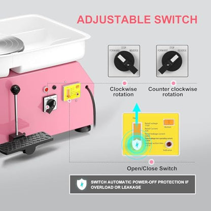 Pottery Wheel Pottery Forming Machine 25CM 350W Electric Pottery Wheel with Foot Pedal DIY Clay Tool Ceramic Machine Work Clay Art Craft (Pink) - color: pink