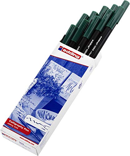 edding 1255 Calligraphy Pen - bottlegreen - Box of 10 - Calligraphy Nib 5 mm - Fibre Pen for Paper, Wood, Terracotta, Canvas - Hand Lettering, Bullet journals, Thank You Cards, Calligraphy Books - color: 14: 10 Pens - Bottle green