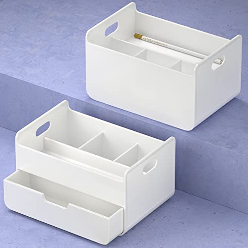 ARTEZA Small Desk Organizer with Drawer – Portable White Caddy with Pen Holder, Lightweight Office Supply Storage for Desk, Classroom, or Dorm - style: 4-Compartment & 1 Drawer