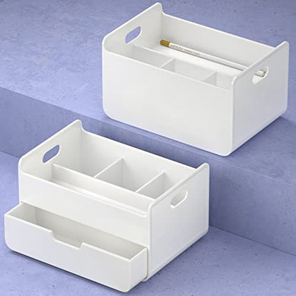 ARTEZA Small Desk Organizer with Drawer – Portable White Caddy with Pen Holder, Lightweight Office Supply Storage for Desk, Classroom, or Dorm - style: 4-Compartment & 1 Drawer