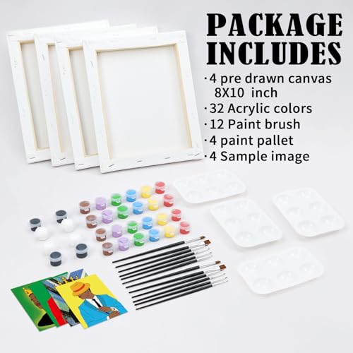 VOCHIC 4 Pack Sip and Paint Kit, Pre Drawn Canvas for Painting for Adults Canvas with Pictures to Paint Art Party Supplies Set Date Night Games Gift Favor (Gentlemen Afro King 8 x 10 in) - size: 8x10, style: style 7