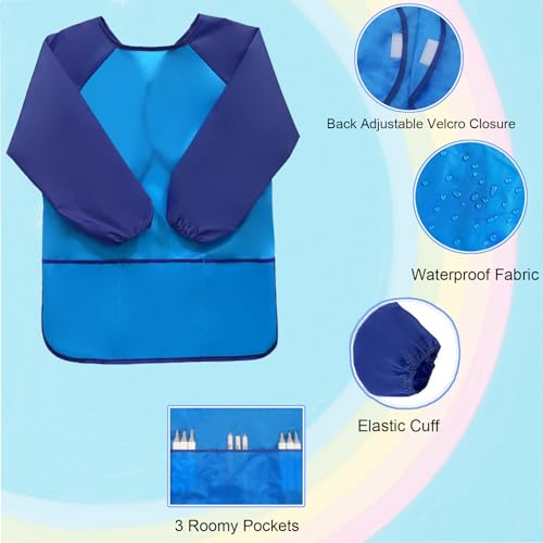 2 Pack Kids Art Smock Waterproof with Long Sleeve and 3 Roomy Pockets Artist Children Aprons for Toddlers Age 3-8 Painting Crafts（Red+Lake Blue） - color: 2 Pack Red+lake Blue