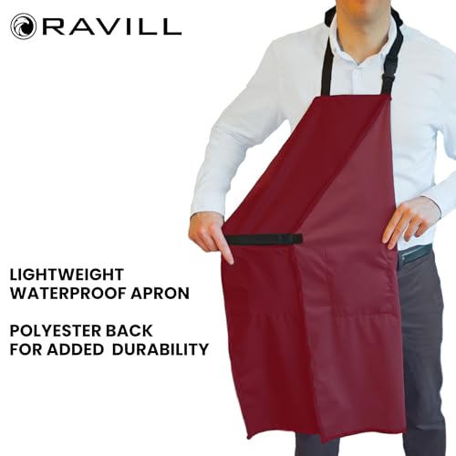 Ravill Waterproof Apron For Men and Women - 2 Pockets - 35" Long Multi Purpose Work Aprons for Dishwashing, Dog Grooming - color: Red