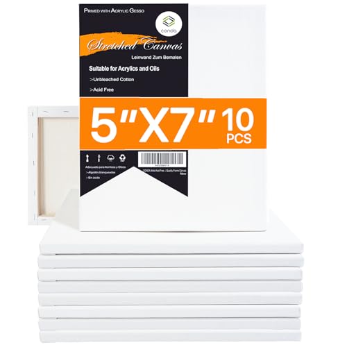 CONDA Stretched Canvas for Painting, 5x7 inch 10 Pack of Canvas, Primed, 100% Cotton 5/8 Inch Profile Value Bulk Pack for Acrylics, Oils Painting - size: 5x7 inch, 10 Pack