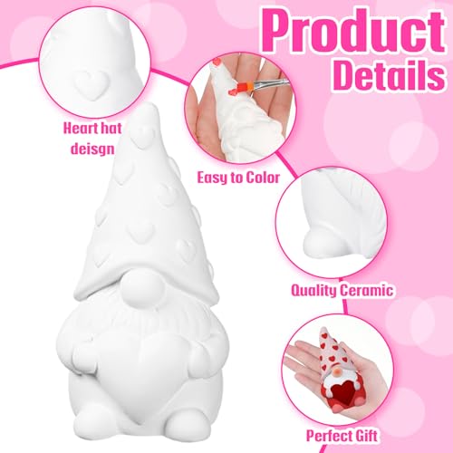 Poen 2 Pack Valentine's Day Ready to Paint Your Own Gnome Statues, Valentines Crafts for Adults 4 Inches Mini Blank Heart Ceramics to Paint Unpainted Gnome Figurines DIY for Sweet Valentine's Day Gift - style: Heart Style