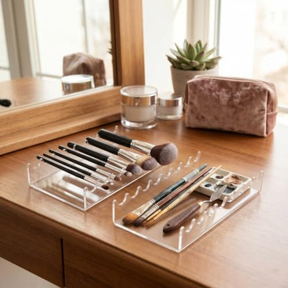 Clear Acrylic Makeup Brush Holder, 2PCS Horizontal Brush Drying Rack for Paint Brushes, Vanity Table Accessory for Home