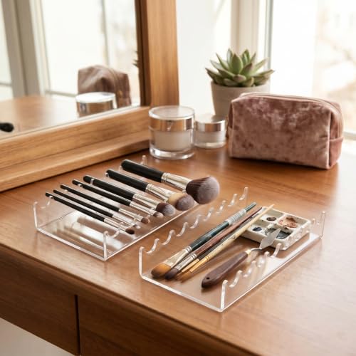Clear Acrylic Makeup Brush Holder, 2PCS Horizontal Brush Drying Rack for Paint Brushes, Vanity Table Accessory for Home