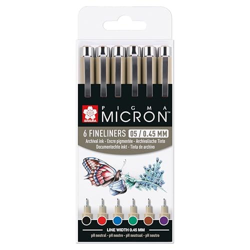 SAKURA Fineliner Pen Set of 6 Assorted Colours Waterproof Size 0.45mm