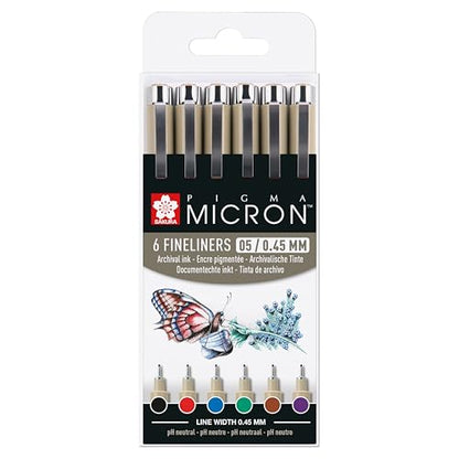 SAKURA Fineliner Pen Set of 6 Assorted Colours Waterproof Size 0.45mm