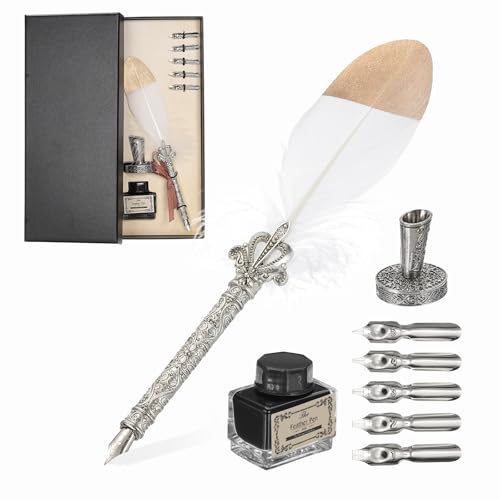 PATIKIL Feather Quill Pen Set, 1 Set Vintage Feather Calligraphy Pen Fountain Dip Pen Set with Ink, Pen Holder and Replacement Nibs for Beginner Writer Writing Gift, White - color: White