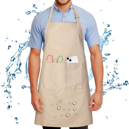 Chef Apron for Men and Women Wash Free Bib Apron with 2 Pockets Water & Oil Proof Adjustable Aprons - color: Khaki