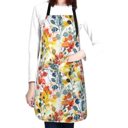 Fresh Meadow Floral Waterproof Apron with Pockets | Housework Aprons for Men Women Adjustable Bib Apron for Cooking Kitchen Baking BBQ Painting Garden Oil Resistant - color: Autumn Watercolor Foliage