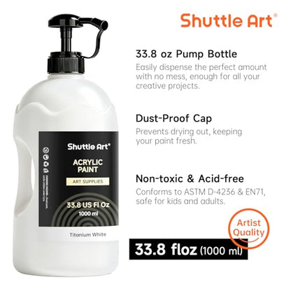 Shuttle Art Titanium White Acrylic Paint, 33.8oz/1000ml Large Capacity Pump Bottle with Cover, Fast Drying Non-Toxic, High Coverage Titanium White Paint for Kids, Artists, Students & DIY Crafts - color: White, size: 33.8 Fl Oz (Pack of 1)
