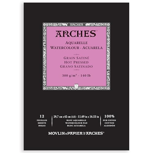 Arches Watercolor Pad, Hot Press, 11.69x16.53 inches, 12 Sheets - Professional Art Paper for Watercolor Gouache Ink Acrylic - size: a3