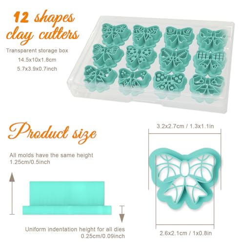 ORIGACH 12 Pcs Bow Shape Polymer Clay Cutters, Bow with Sports Ball Pattern Design Clay Cutters for Polymer Clay Jewelry Earrings with a Clear Storage Box - style: Bow with Sports Ball