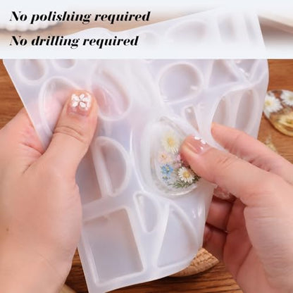 Resin Jewelry Molds Silicone Molds Casting Tray with Hole Assorted Shapes Handmade Resin Pendant Mold for DIY Gem Cabochon Earring Necklace Jewelry Keychain Bookmark Making Kit Crafting Projects