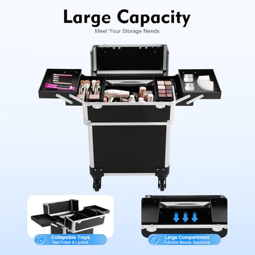 13.23lbs Lockable Makeup Train Case,Rolling Hairdressing Trolley,Beauty Salon Cosmetic Luggage with Universal Wheels for Hair Stylist,Make-up Artists (Black 7) - color: Black 7