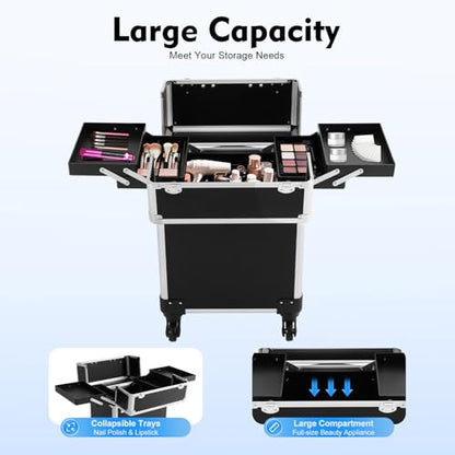 13.23lbs Lockable Makeup Train Case,Rolling Hairdressing Trolley,Beauty Salon Cosmetic Luggage with Universal Wheels for Hair Stylist,Make-up Artists (Black 7) - color: Black 7