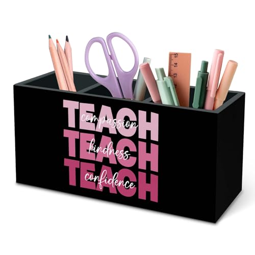 DILSJ Teacher Appreciation Gifts Pencil Holder Organizer for Desk,Teach Compassion Kindness Confidence, Grateful High School Graduation Back to School Wooden Box Signs for Desk Tabletop Decoration - color: Teach