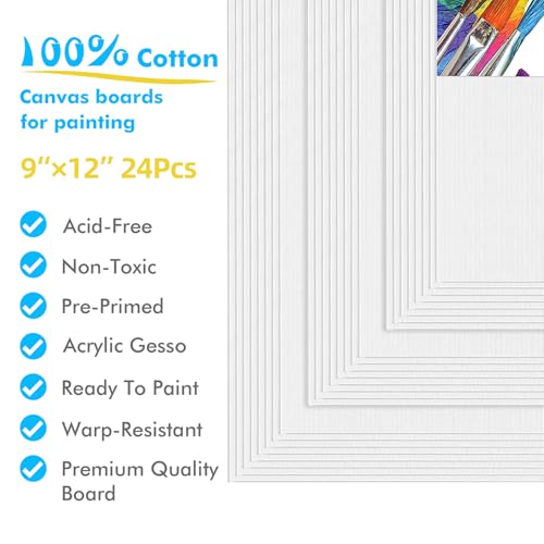 Gotideal Canvas for Painting, 24pcs 9x12 Primed Bulk Painting Canvas Board for Kids and Adults, White Blank Canvas Panels for Acrylic Paint, Oil, Pour Art Supplies - size: 9x12 inch