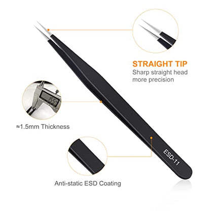 kaverme 9PCS Precision Tweezers Set, Upgraded Anti-Static Stainless Steel of Tweezers, for Electronics, Soldering, Laboratory Work, Jewelry-Making, Model, Craft - style: 9pcs