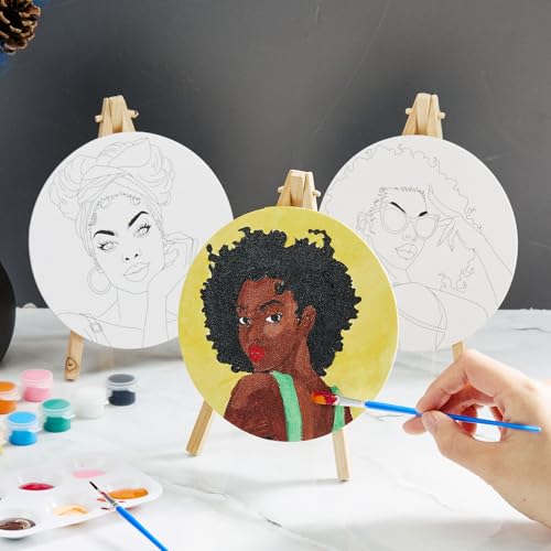 Supervitae 72 Piece Black Girls Round Pre Drawn Canvas Kit 5.9" Paint and Sip Kit for Adults Painting Party Pre Printed Canvas DIY with Pictures Paints Easels Brushes for Party Gifts - size: 5.9", style: Black Girls