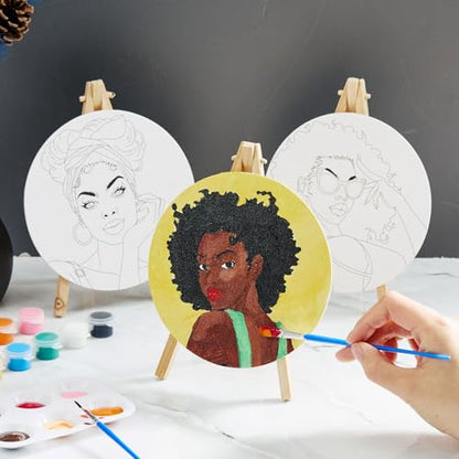 Supervitae 72 Piece Black Girls Round Pre Drawn Canvas Kit 5.9" Paint and Sip Kit for Adults Painting Party Pre Printed Canvas DIY with Pictures Paints Easels Brushes for Party Gifts - size: 5.9", style: Black Girls