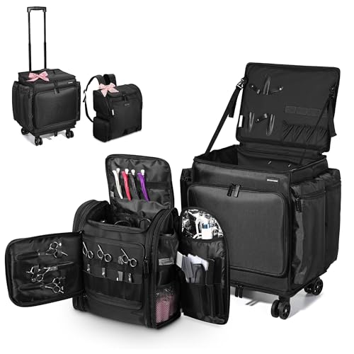 BYOOTIQUE Soft Sided Rolling Makeup Train Case Travel Backpack For Hair Stylist Tools Curling Iron Straightener Salon Barber Shop, Black - color: Black, size: Xlarge