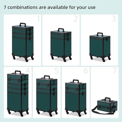 Somduy Makeup Train Case, Rolling Makeup Case with Lid, 5 in 1 Cosmetology Case on Wheels, Christmas Gift, Large Makeup Case Organizers, Profesional Cosmetic Case for Salon Barber, Black Green - color: Black Green