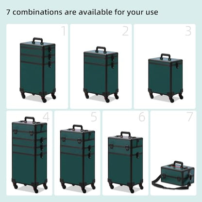 Somduy Makeup Train Case, Rolling Makeup Case with Lid, 5 in 1 Cosmetology Case on Wheels, Christmas Gift, Large Makeup Case Organizers, Profesional Cosmetic Case for Salon Barber, Black Green - color: Black Green