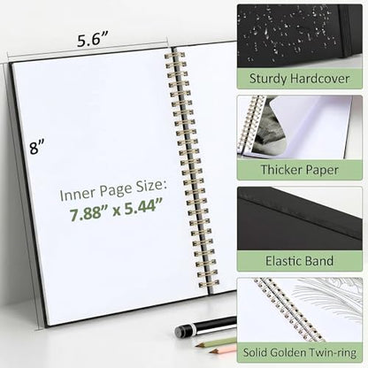 Forvencer 2 Pack Blank Spiral Notebook, 8"x 5.6"Hardcover Sketch Book, 100GSM Thick Paper, Art Sketchbook for Women & Adult, 100 pages / 50 Sheets Drawing Book Journal for School Office Drawing, Black - color: Black