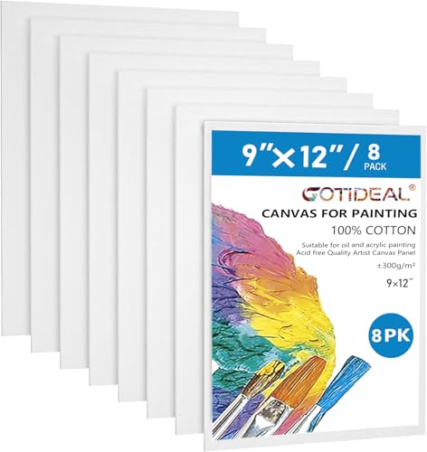 GOTIDEAL Canvases for Painting, 9x12 inch of 8, Professional Primed White Blank Flat Canvas Panels- 100% Cotton Artist Canvas Boards for Acrylics Painting, Oil Watercolor Tempera - size: 9"x12"