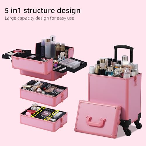 Somduy Makeup Train Case, Rolling Makeup Case with Lid, 5 in 1 Cosmetology Case on Wheels, Christmas Gift, Large Makeup Case Organizers, Profesional Cosmetic Case for Salon Barber, Pink - color: Pink