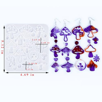 Rifanda Earring Resin Molds with Hole, 3 PCS Mushroom-Shaped Earrings Mold with 20 Pairs Earring Hooks & Studs, Silicone Jewelry Molds for Epoxy Resin for DIY Pendant Keychain Jewelry Making