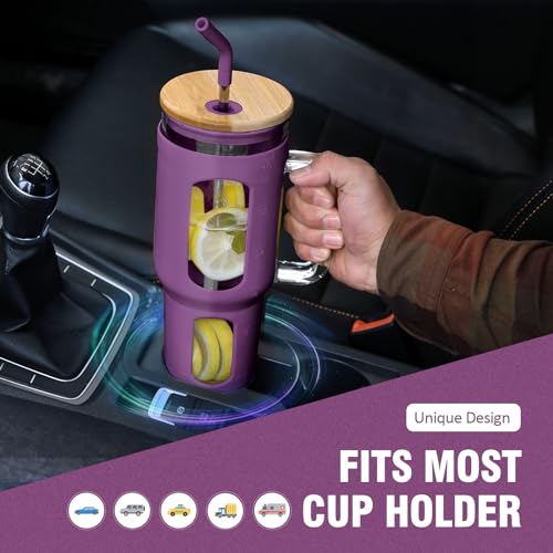 Glass Tumbler with Lid and Straw, 46 oz Iced Coffee Cup with Handle, Glass Water Bottles with Silicone Sleeve, BPA Free-Dark Purple - color: Dark Purple, size: 46 Ounces