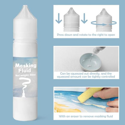 White Masking Fluid for Watercolor Painting 30ml, Fast-Drying, Easy Peel, for Mixed Media & Art Supplies - color: White
