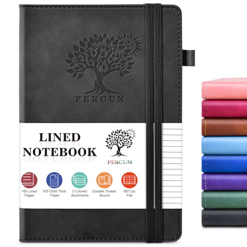 PERCUN A5 Leather Notebook Journal, 160 Lined Pages, 5.9" x 8.5" Black | Leather Journal for Men Women, Hardcover Notebooks for work, school, business, travel diary, Note taking & Daily Journaling - color: Black, size: Lined Page