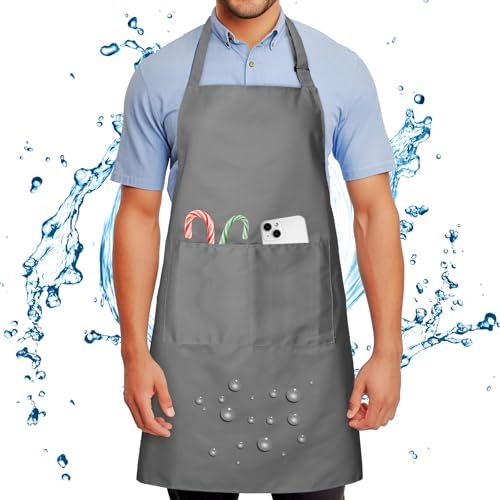 Chef Apron for Men and Women Wash Free Bib Apron with 2 Pockets Water & Oil Proof Adjustable Aprons - color: Grey