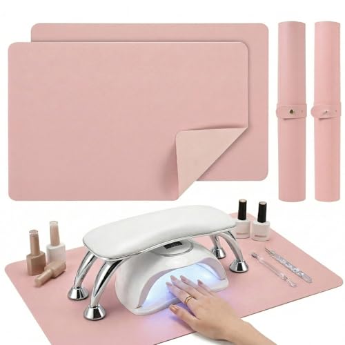 2 PCS Nail Art Table Mat, Soft Microfiber PU Leather Nail Pad, Foldable Nail Art Rest Pad, Reusable Nail Mat for Table Desk, Acrylic Nail Desk Mat for Nail Cushion (Pink and Pink) - color: Pink and Pink